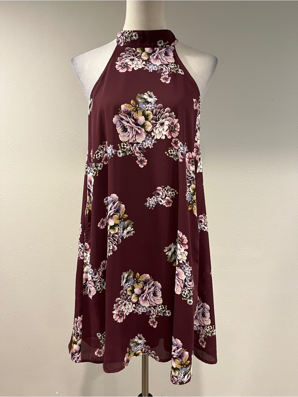 Halter Neck Floral Swing Dress in Burgundy size medium